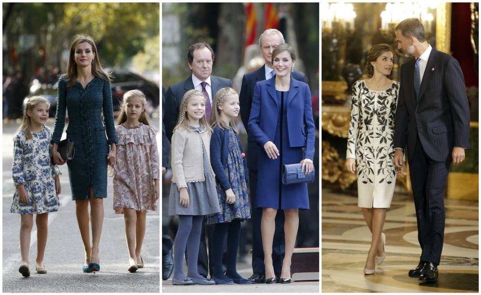 De izquierda a derecha: doña Letizia con sus hijas en 2014 y 2015 y junto al rey Felipe en 2016.