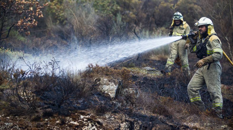 Una pareja de bomberos forestales trabajan sobre un incendio en Parada do Sil (Ourense).