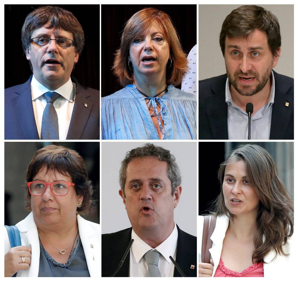 Carles Puigdemont (top left) and the five former cabinet members who traveled to Brussels with him.