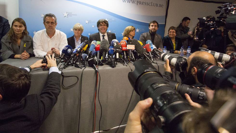 Former Catalan premier Carles Puigdemont and ministers in Brussels on Tuesday.