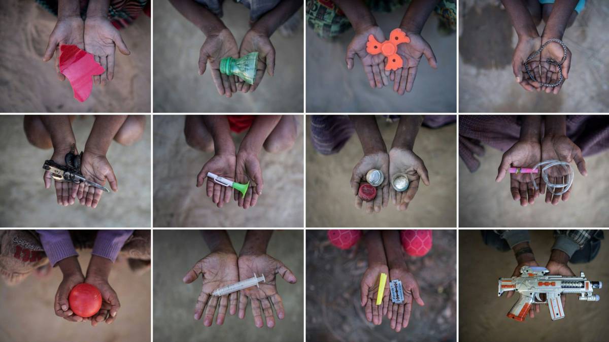 Combinación de imágenes que muestra a los niños rohingya con objetos que usan como juguetes para entretenerse en los campamentos de refugiados en Cox's Bazar de Bangladés