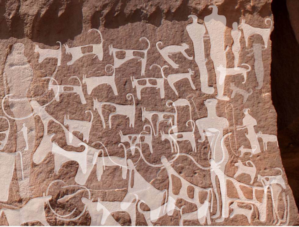 Grabados de perros y humanos datados hace 8.0009.000 años en Arabia Saudí.