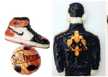 Zapatillas y ropa de salmón y arroz: así es el sushi artístico de Yujia Hu