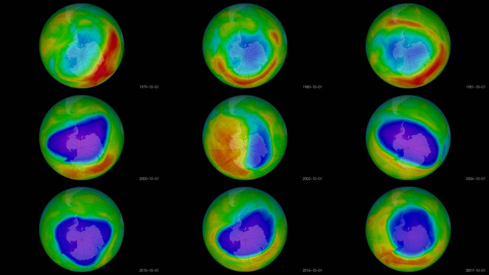 Evolución del agujero en la capa de ozono sobre la Antártida en octubre entre 1979 y 2017.