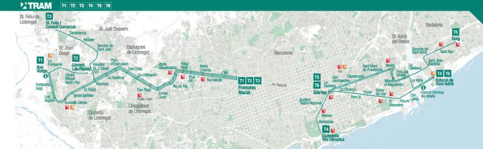 Plano del tranvía de Barcelona en los dos extremos de Avenida Diagonal