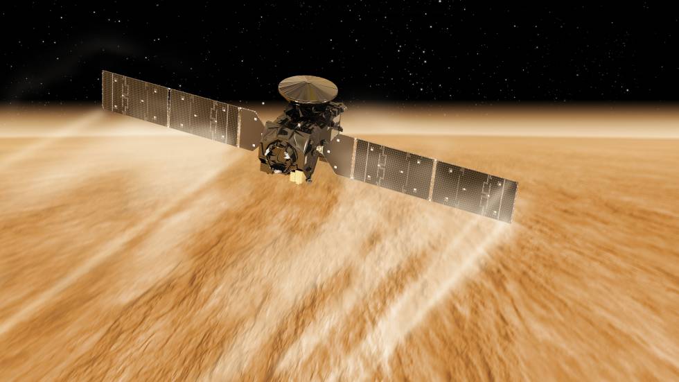Recreación artÃstica de la sonda ExoMars frenando para colocarse en su órbita sobre Marte
