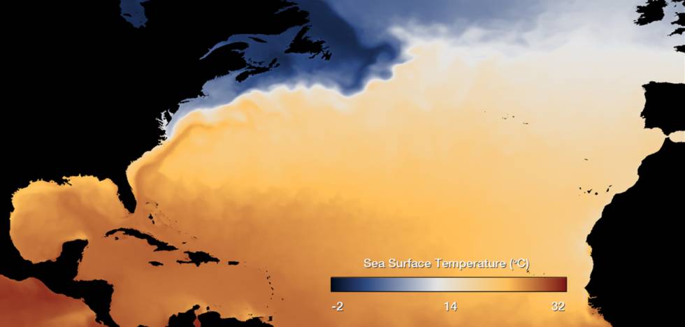 Este mapa de temperaturas muestra el recorrido de la corriente del Golfo frente a la costa de EE UU.