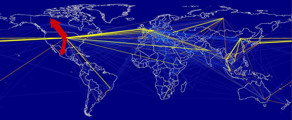 Mapa con el flujo de la huella de carbono del transporte aéreo. Los colores indican el mayor (amarillo) o menor (azul) peso en el total. El 23% de las emisiones turísticas proceden del transporte aéreo.