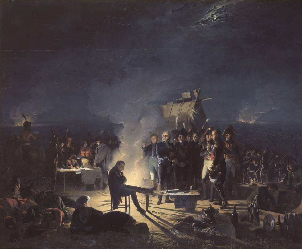 Napoleón I descansando en el campo de batalla de Wagram, el 6 de julio de 1809. Pintura al óleo de Adolphe Roehn.