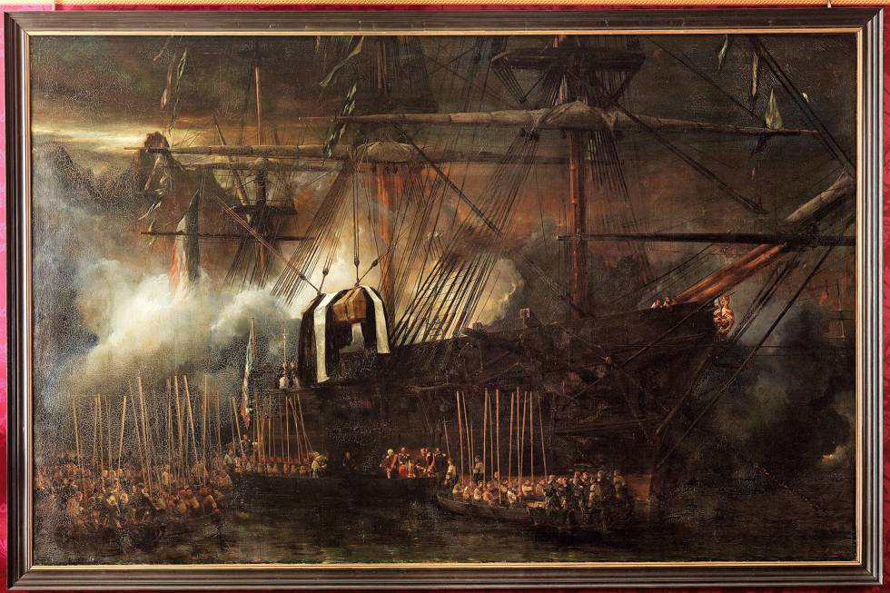 Esta pintura al óleo de Eugène Isabey muestra el regreso de las cenizas de Napoleón Bonaparte de la isla de Santa Elena a Francia. 1840.