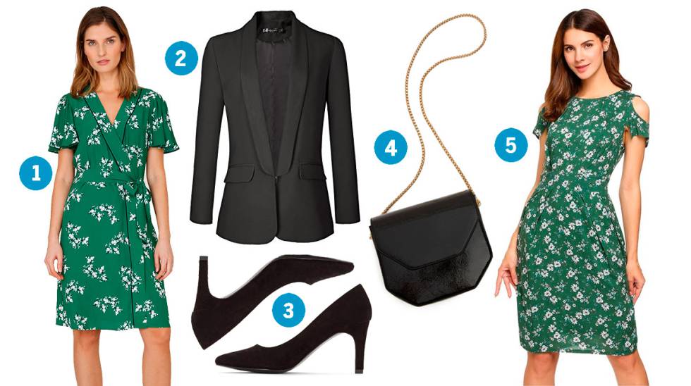 1. Vestido de Kookai para el Corte InglÃ©s 2. Americana negra, de Amazon 3. Salones negros, de la Redoute 4. Bolso con cadena, de Pull and Bear 5. Vestido de Amazon