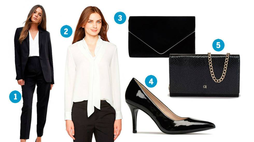 1. Traje chaqueta, de Asos 2. Blusa con lazada que puedes encontrar en Amazon 3. Clutch, de Amazon 4. Salones de Georgia Rose vÃ­a Sarenza 5. Cartera de mano, de Georges Rech para El Corte InglÃ©s