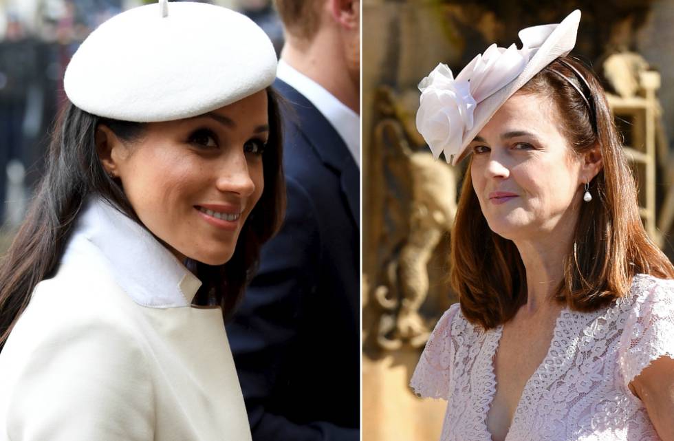 Meghan Markle (izquierda) y Samantha Cohen, en la boda de los duques de Sussex (derecha).