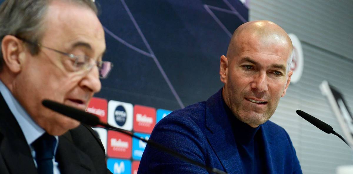 Florentino PÃ©rez y Zinedine Zidane, durante la comparecencia.