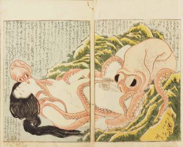El sueño de la mujer del pescador. Xilografía de Hokusai