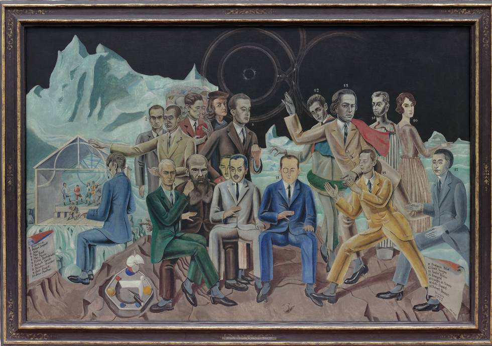 Au rendez-vous des amis (1922), de Max Ernst, perteneciente a la colección del Museo Ludwig de Colonia. Retrato colectivo de los integrantes del grupo surrealista (y dos intrusos: Rafael y Dostoievski). Gala, flanqueada por De Chirico y Robert Desnos, es la única mujer.