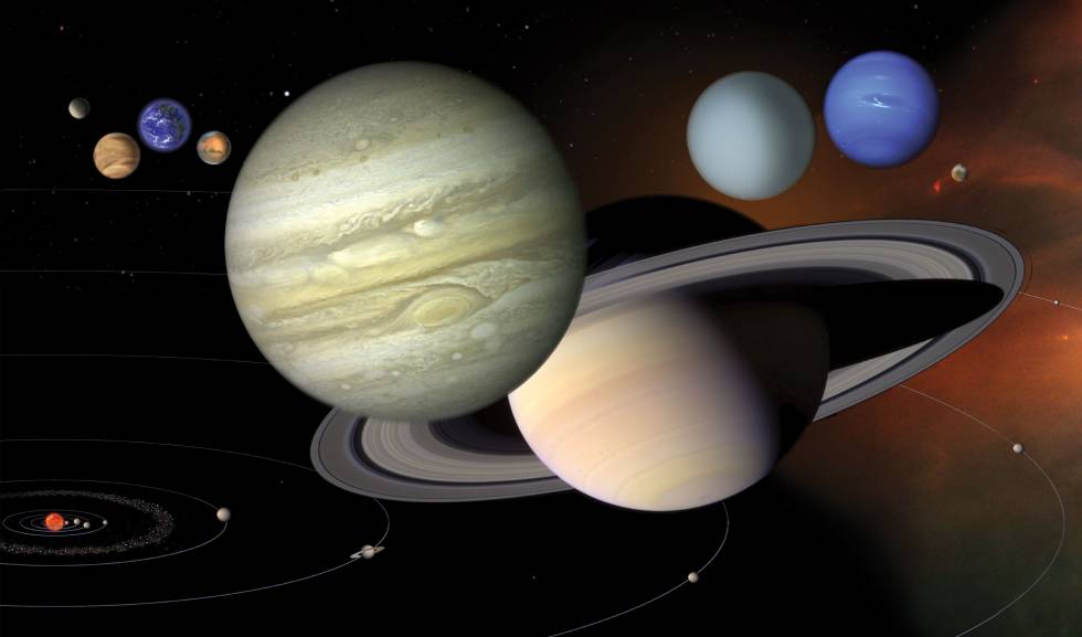 Los ocho planetas de nuestro sistema solar, en una recreación.