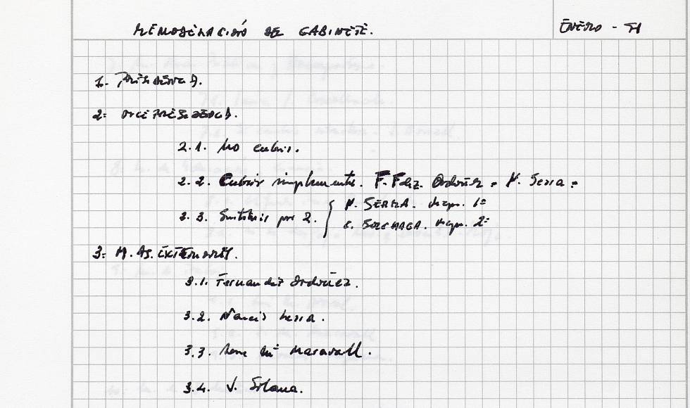 Escrito de Felipe González sobre la remodelación del Consejo de Ministros redactada en enero de 1991.