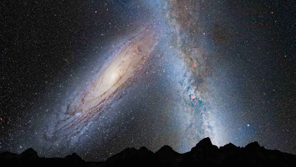 Representação artística do céu noturno dentro de quatro bilhões de anos, quando Andrômeda se unir à Via Láctea.