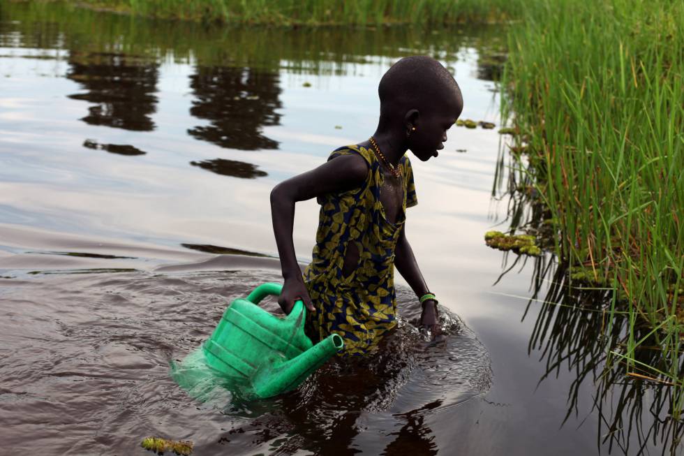 Una chica desplazada interna recoge agua en Sudd Swamp (SudÃ¡n del Sur). 