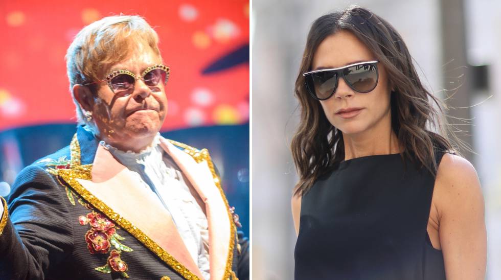 El cantante británico Elton John y la diseñadora y cantante Victoria Beckham.