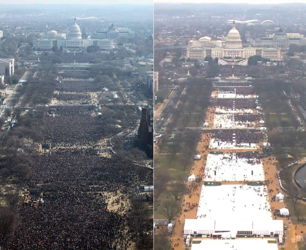 Left: the crowds at Barack Obama's inauguration in 2009. Right: the crowds at Donald Trump's inauguration in 2017.