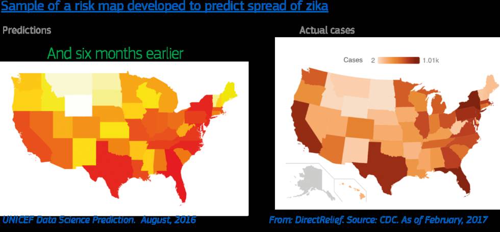 Muestra de la predicción del zika que llevó a cabo Unicef gracias a este proyecto en 2016 en Estados Unidos y que resultó bastante acertada.