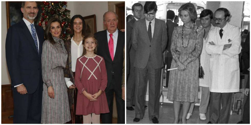 La reina Letizia en Zarzuela, por el 80 cumpleaños de don Juan Carlos, y a la derecha, la reina Sofía en 1984.