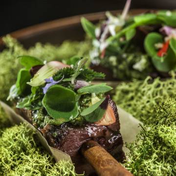 Dum Plin Marco Polo en caldo Joselito y lengua asada y salsa verde engarzada en un palito de canela.