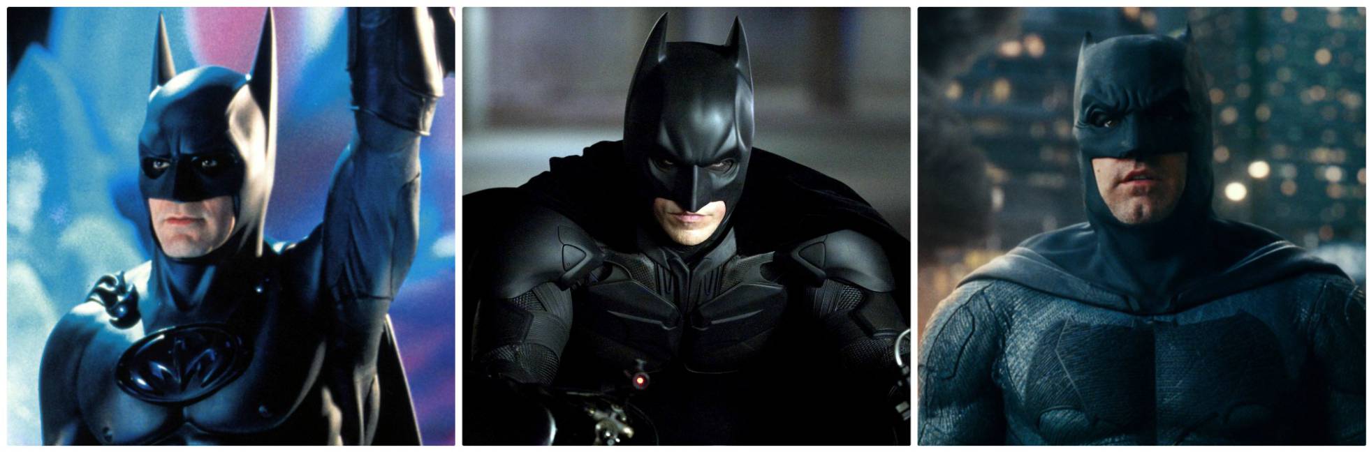 De la stânga la dreapta, trei actori care au jucat Batman: George Clooney (1997), Christian Bale (2012) și Ben Affleck (2017)