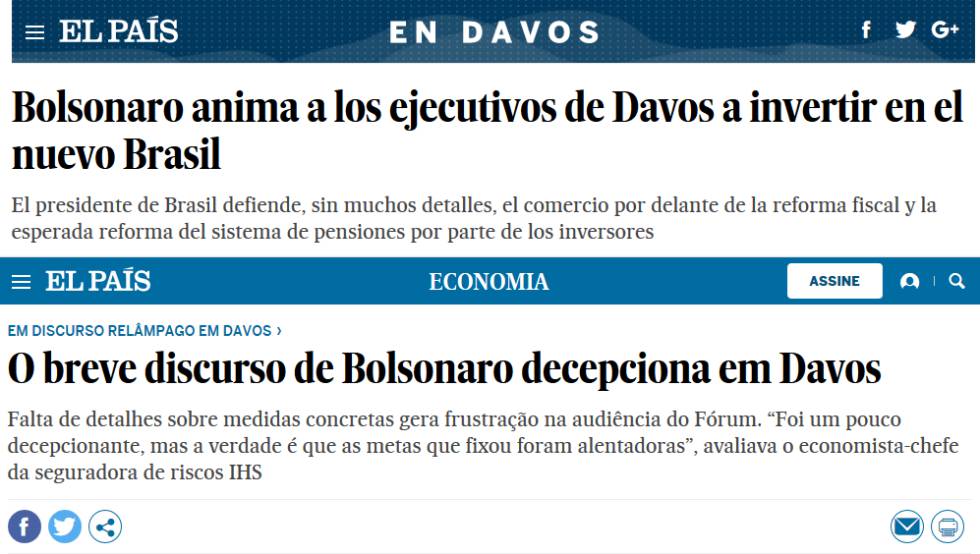 Artículo sobre el discurso de Bolsonaro en Davos en la edición española y brasileña de EL PAÍS.