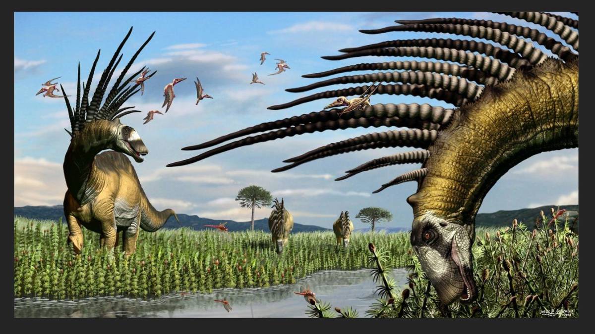 Una ilustración de Jorge A. González de un grupo de Bajadasaurus.