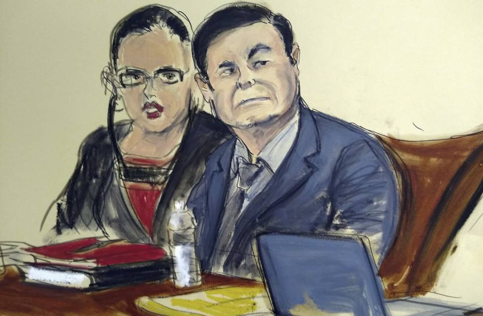 Dibujo de Joaquin 'El Chapo' Guzmán junto a su intérprete durante el juicio.