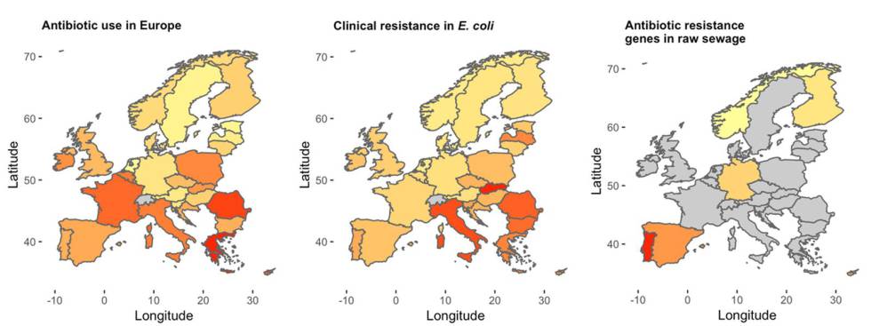 A la izquierda, uso de antibiÃ³ticos en Europa (a mÃ¡s rojo, mÃ¡s consumo). En el centro mapa de la 'E. coli' resistente en el Ã¡mbito clÃ­nico. A la derecha, los paÃ­ses con plantas estudiadas.