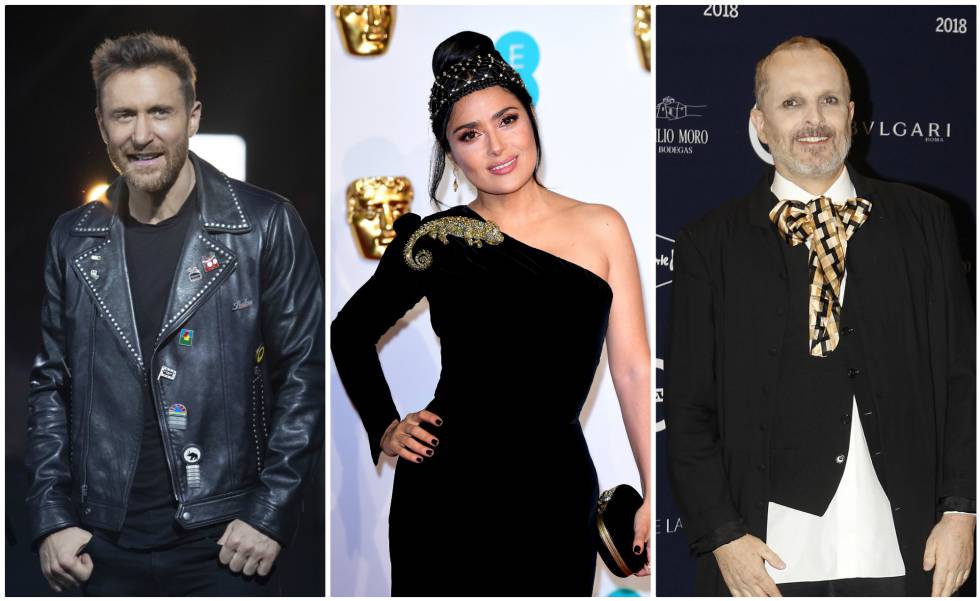 De izquierda a derecha: David Guetta, Salma Hayek y Miguel Bosé.