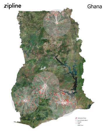 Mapa de la cobertura de los drones de Zipline en Ghana.