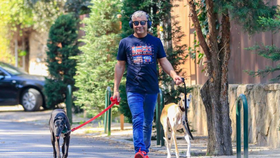 El presentador Jorge Javier Vazquez paseando por Madrid a dos de sus galgos. 