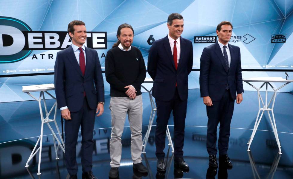 Από τους: Pedro Casado, Pablo Iglesias, Pedro Sánchez και Albert Rivera σε εκλογική συζήτηση το βράδυ της Τρίτης.