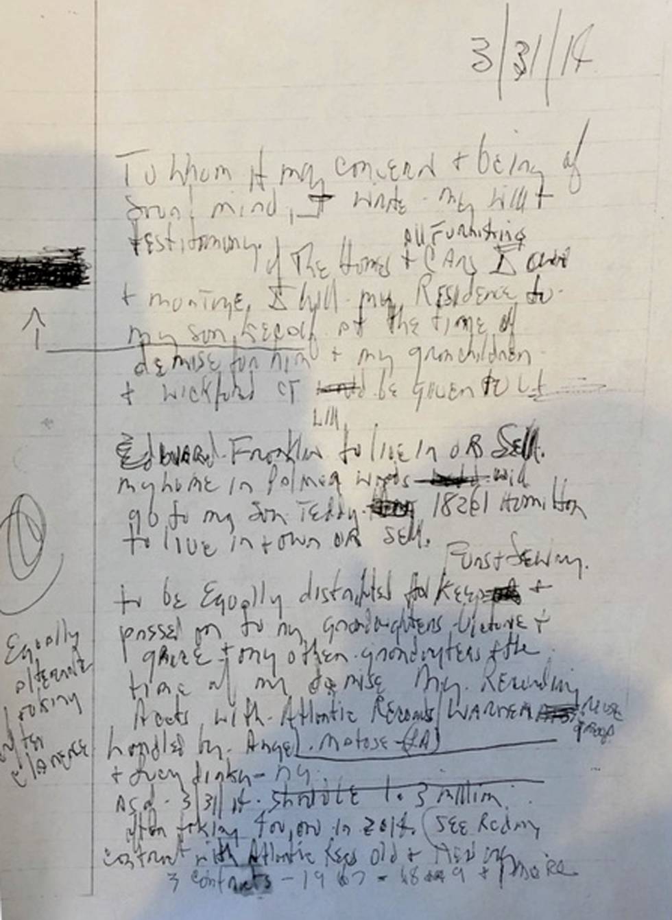 Página de uno de los testamentos encontrados en la casa de Aretha Franklin.