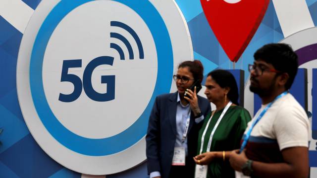 Un cartel del 5G, en una feria de telefonía, en Nueva Delhi.