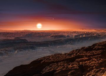 Recreación de la superficie del planeta Proxima b y su estrella Proxima Centauri