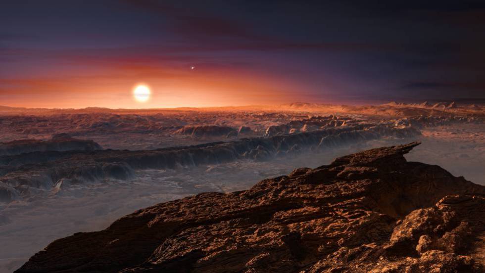 Recreación de la superficie del planeta Proxima b y su estrella Proxima Centauri.