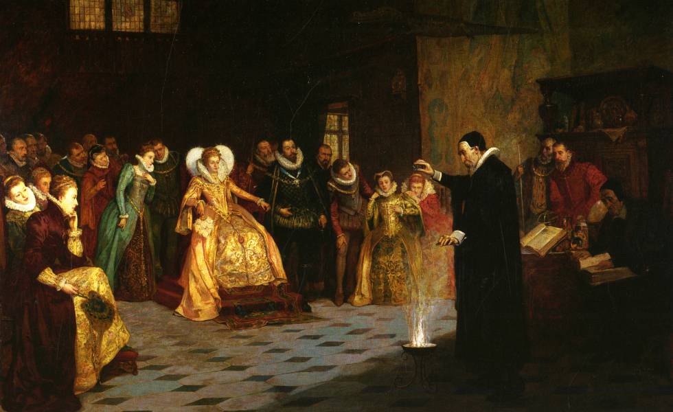 'John Dee realizando un experimento ante la reina Isabel I', cuadro de Henry Gillard Glindoni donde aparecen Felipe II y su astrólogo John Dee.