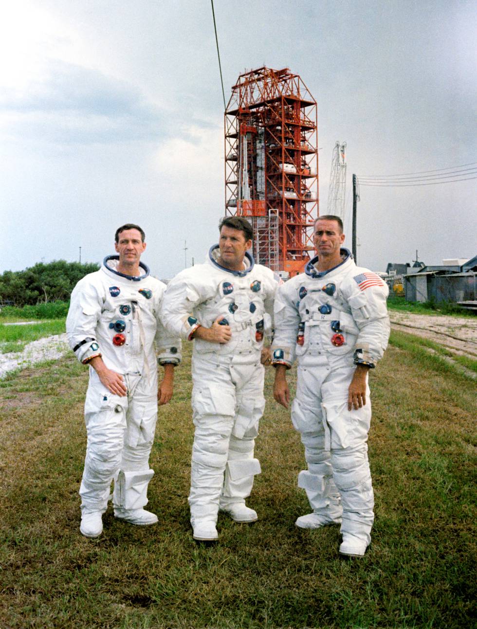 Donn Eisele, Wally Schirra y Walter Cunningham, el 9 de septiembre de 1968, en Cabo Cañaveral.