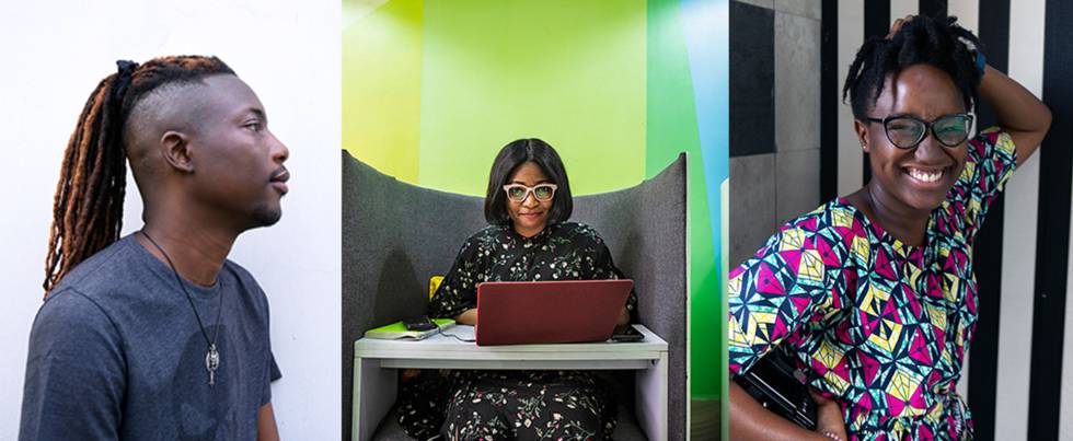 Ezra Olubi, Ijeoma Opara y Mohini Ufeli, cofundador y empleadas de Paystack, una 'fintech' de Lagos.