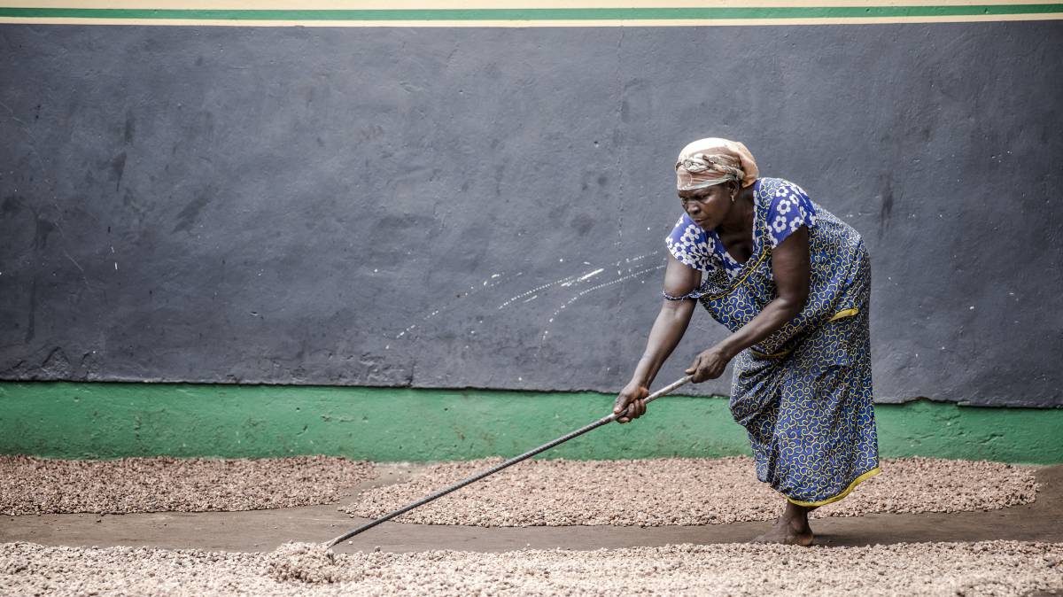 Una mujer seca semillas en Ghana.