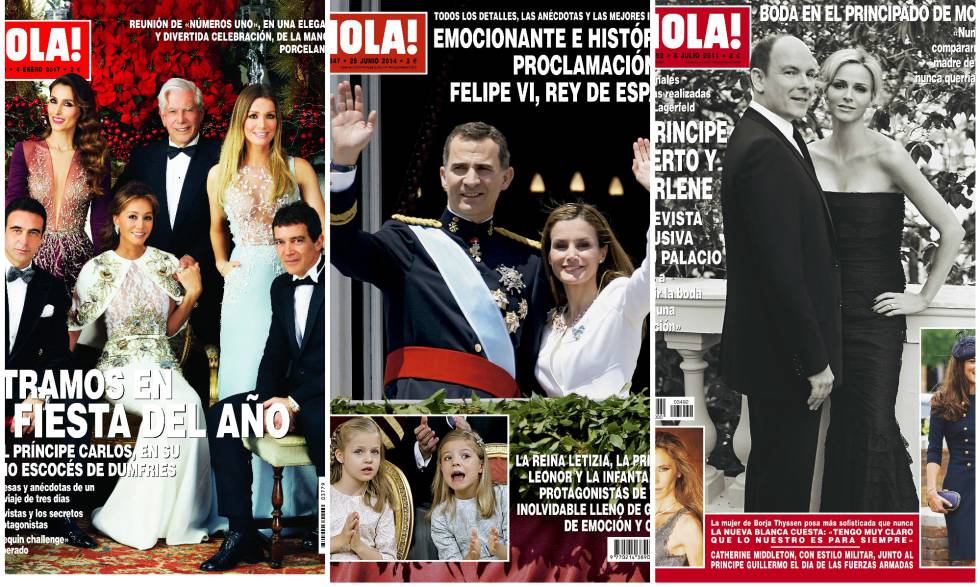 Tres portadas con personajes habituales de la revista '¡Hola!'.