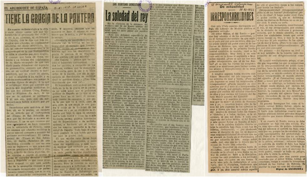 'El archiduque de España', 'Irresponsabilidades' y 'La soledad del rey', las tres columnas publicadas en 'El mercantil valenciano' por las que Unamuno fue acusado de injurias a la Corona.