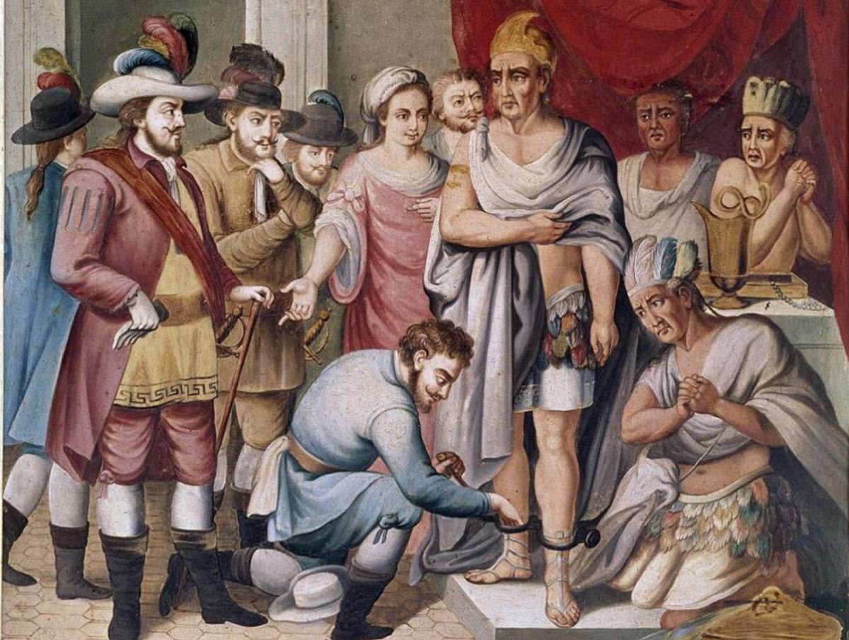 ‘Prendimiento de Moctezuma por Hernán Cortés’, óleo anónimo.