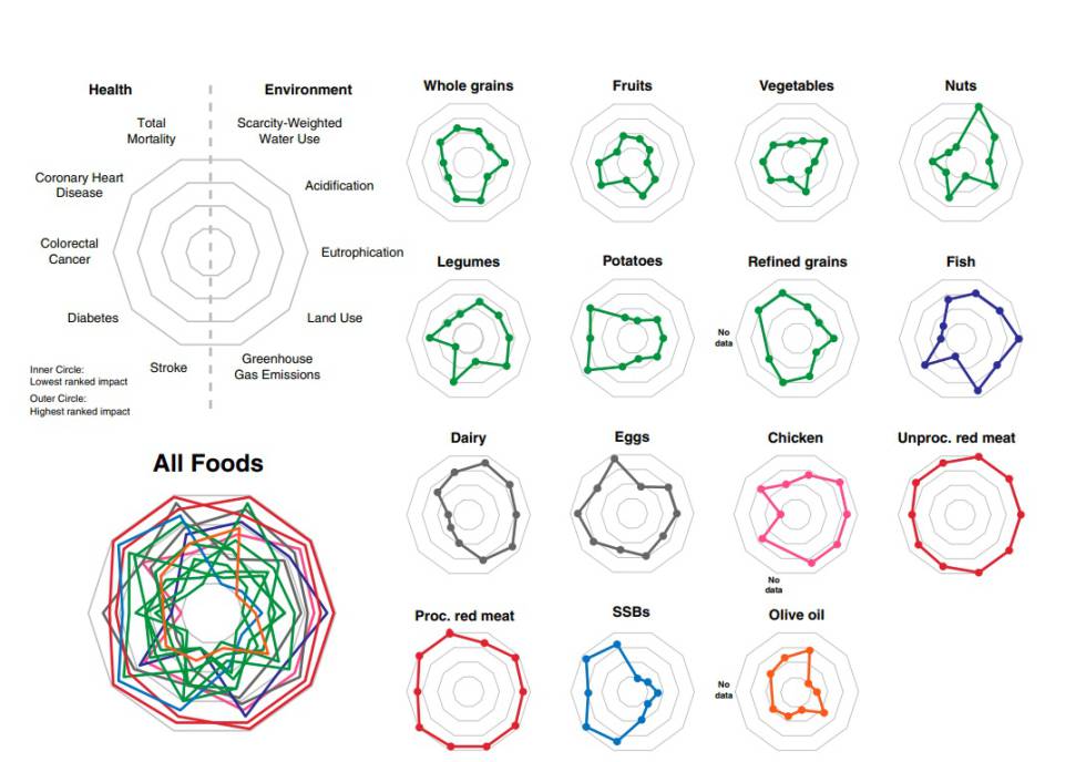 Gráfico del impacto sobre la salud y el planeta de los 15 alimentos analizados en el estudio.